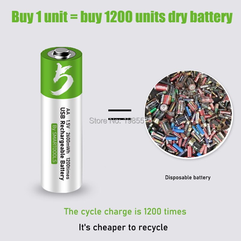 100% kapazität 1,5 V AA li-Ion Batterie 2600mwh li-Polymer mit USB aufladbare Lithium-usb batterie + USB kabel