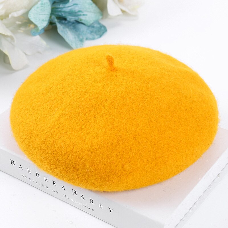 Cheap Women Winter Wool Beret French Hat Female Solid Color Bonnet Beret Hat Girls Thick Warm Walking Hat 15 Color: Yellow