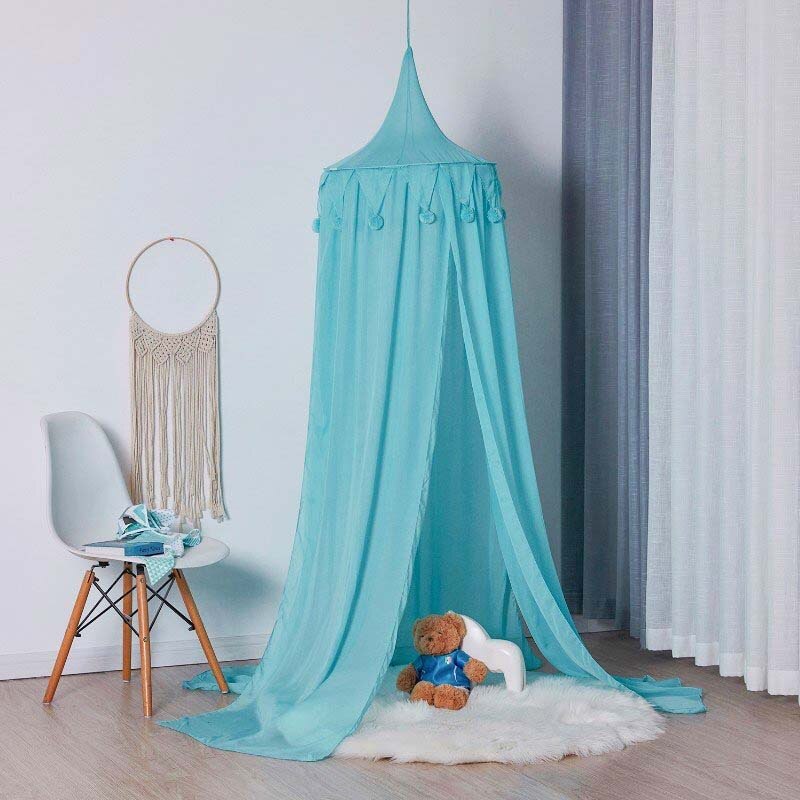 Mosquitera hecha a mano para decoración de dormitorio de niños, cortinas toldo para camas, cúpula colgante redonda con borlas de pompón: Blue Chiffon