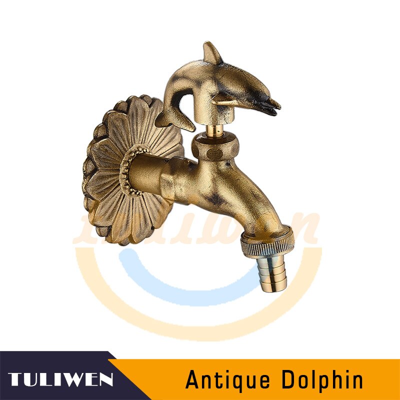 Decorative Antique Brass Garden Outdoor Faucet Cold Water Tap - With a Set of Brass Quick Connecter for 1/2&quot; Inches Hose: Dolphin-Antique