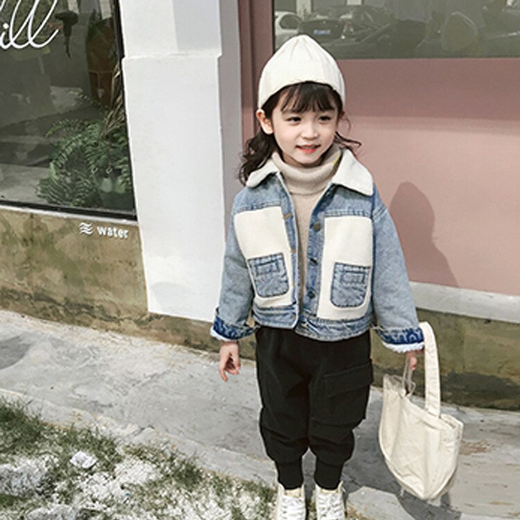 Niñas invierno nueva red coreana de bebé chaqueta de mezclilla roja más abrigo grueso de terciopelo Otoño e Invierno