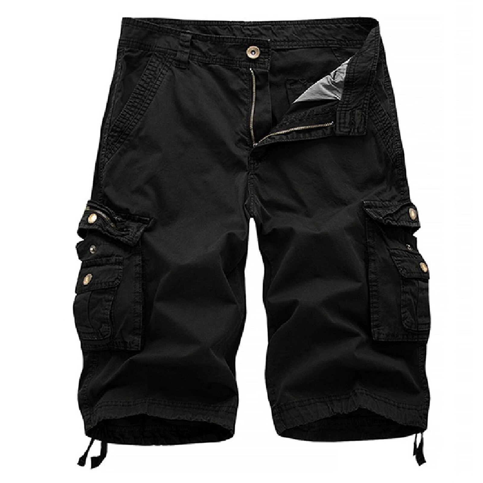 Heren Shorts Toevallige Pure Kleur Buiten Pocket Strand Werk Broek Cargo Shorts Mannen Bermuda Masculina Pantalones Cortos: Black / M