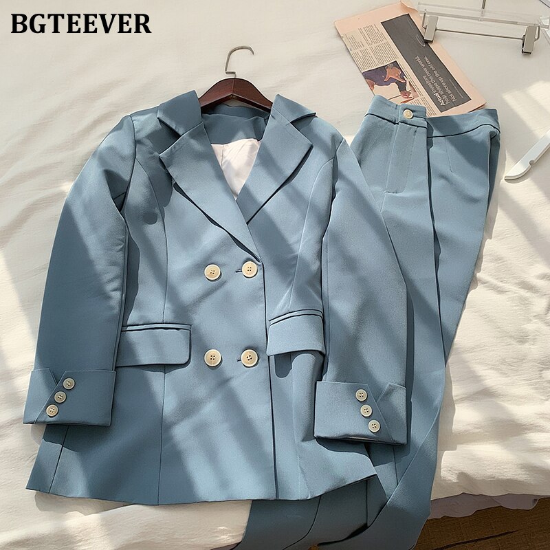 BGTEEVER Chic bleu femmes pantalon costume double boutonnage veste & crayon pantalon femmes