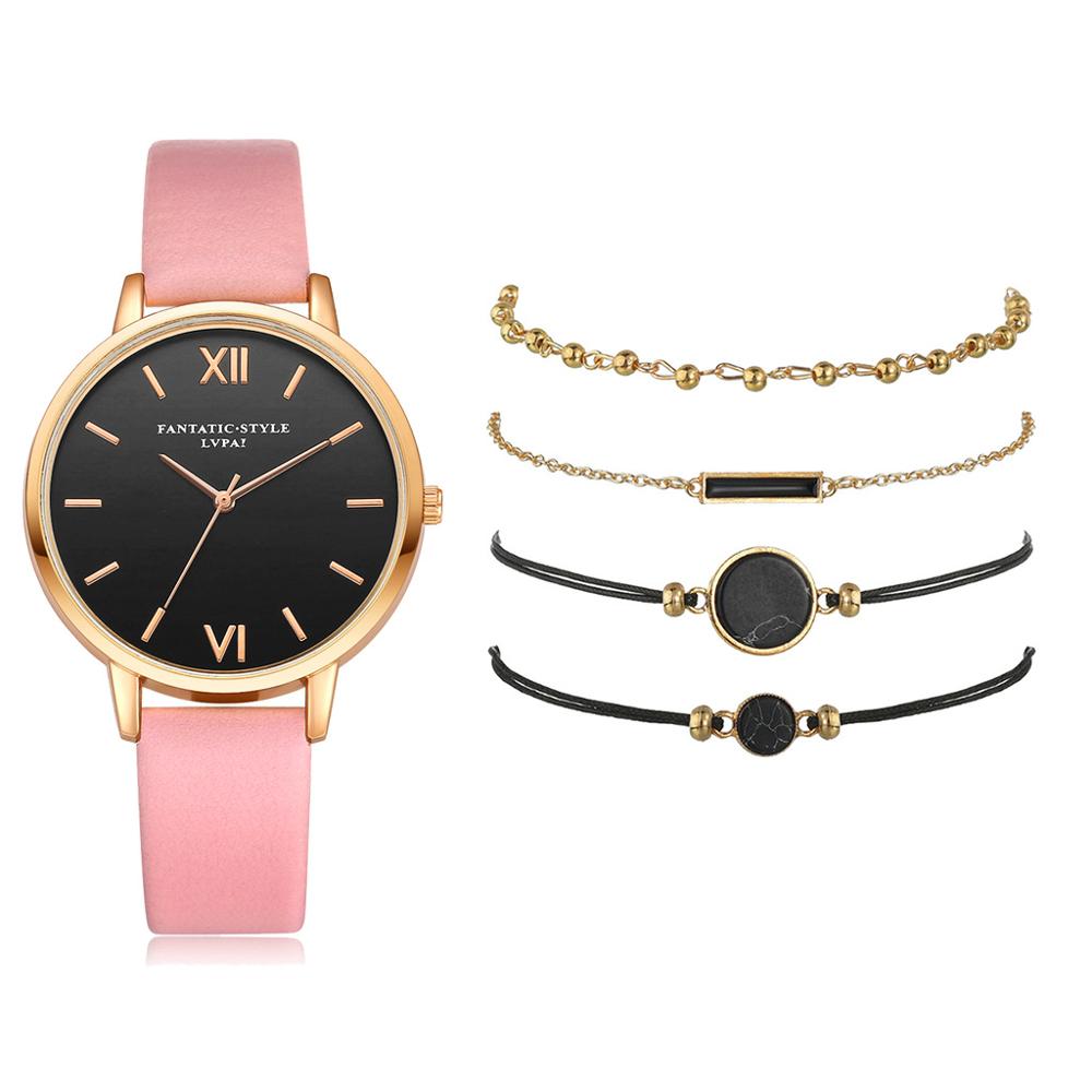 Ensemble de montres en cuir pour femmes, 5 pièces, montres à Quartz, simples, romaines, décontractées, , offre spéciale,: pink set