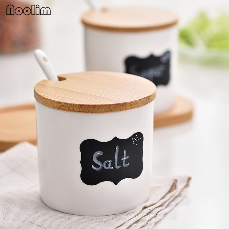 Criativo de Cerâmica Frascos de Especiarias com Tampa e Colher de Porcelana Açúcar Sal Tempero Frascos De Armazenamento com Bandeja De Bambu material de Cozinha