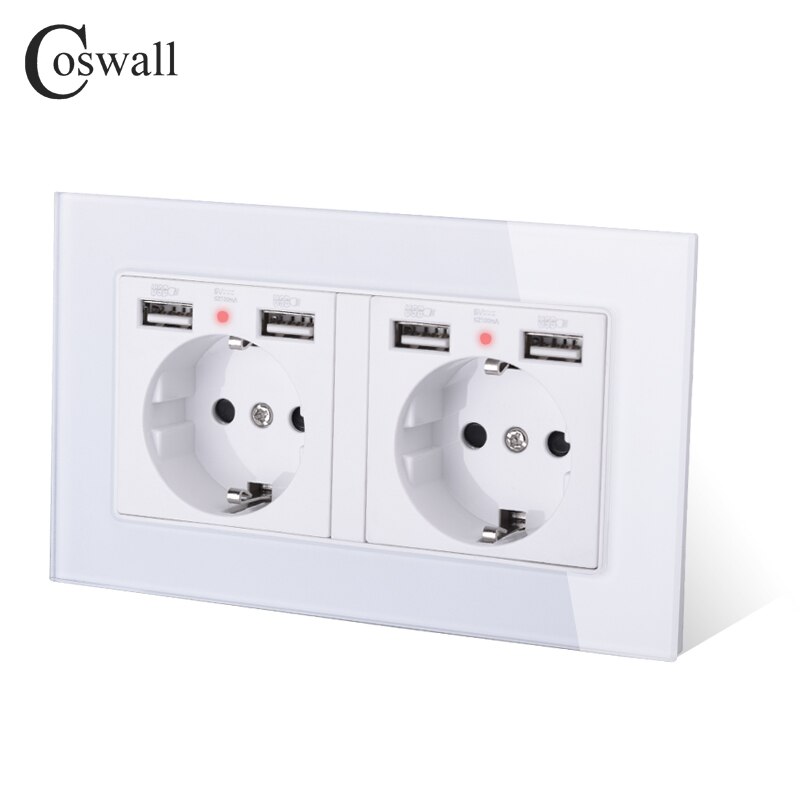 cosmall, 2 grupos, enchufe de pared estándar de la UE de Rusia, España con 4 puertos de carga USB, Panel de cristal con indicador LED suave oculto