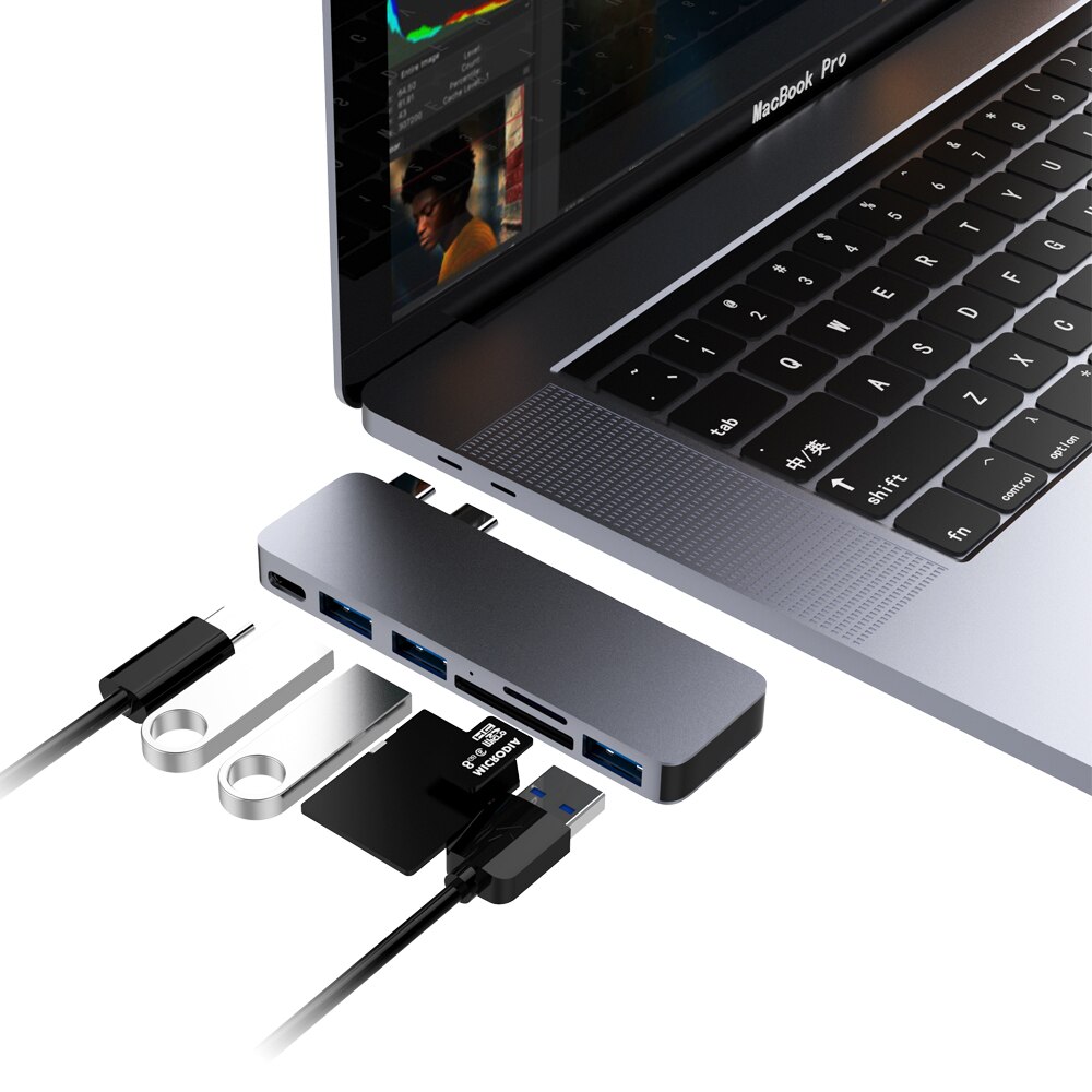 Thunderbolt 3 dockingstation met dubbele usb-c ,  to 3* usb-c, 3.0/ sd-kaart/micro sd-kaart/thunderbolt 3 voor macbook air/pro