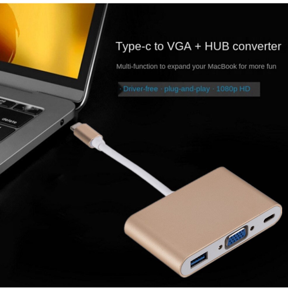 Adaptador multipuerto USB tipo C a VGA USB 3,0, convertidor de vídeo, Cable a VGA, Hub DE DATOS, puerto de carga PD, 3 en 1