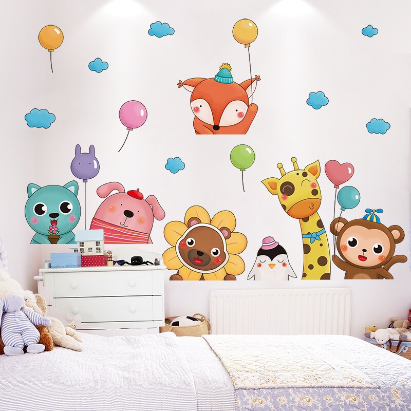 [Shijuekongjian] Cartoon Dieren Ballonnen Muurstickers Diy Wolken Maan Muurstickers Voor Kinderen Slaapkamer Babykamer Huis Decoratie