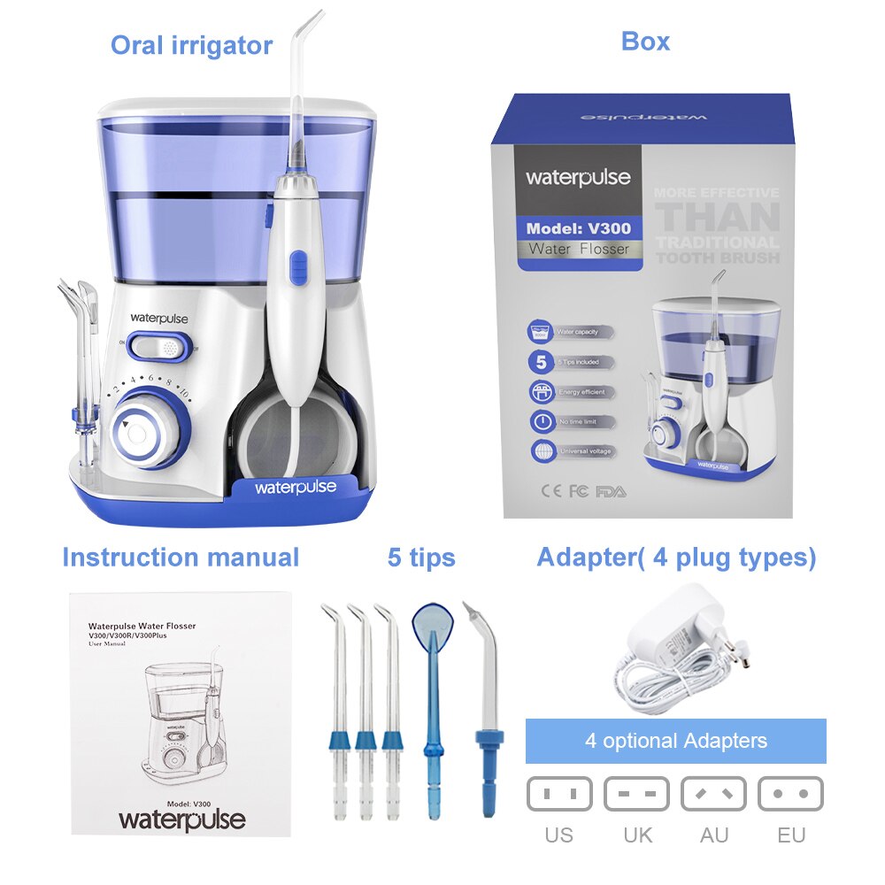 Waterpulse V300 Electric Oral Irrigator For Teeth Clean Dental Water Flosser 800ml Tank Oral Hygiene Cleaning 5 Jets Set: Blue / US