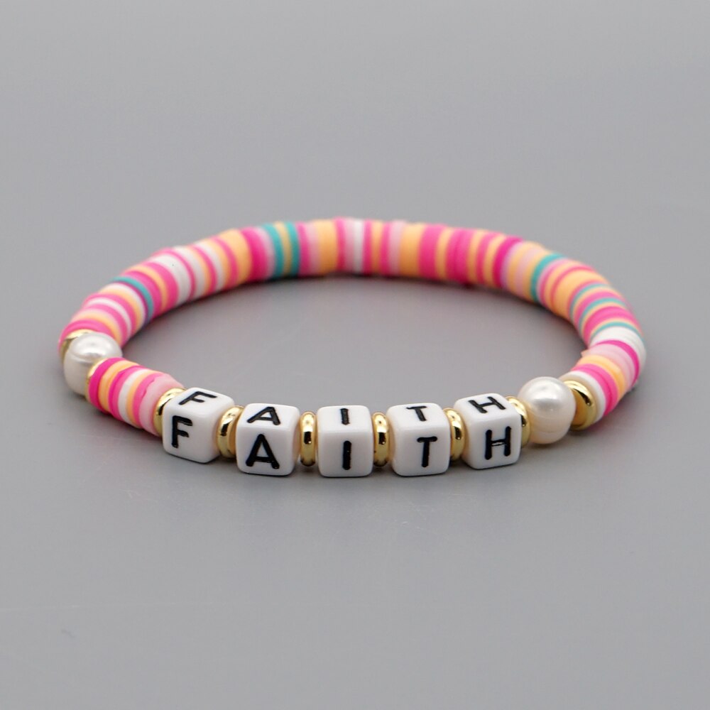 GO2BOHO Rainbow Polymer Clay Bracelets Faith Letter Heishi Beads Bracelet For Women Summer Beach Real Pearl Pulsera Jewelry