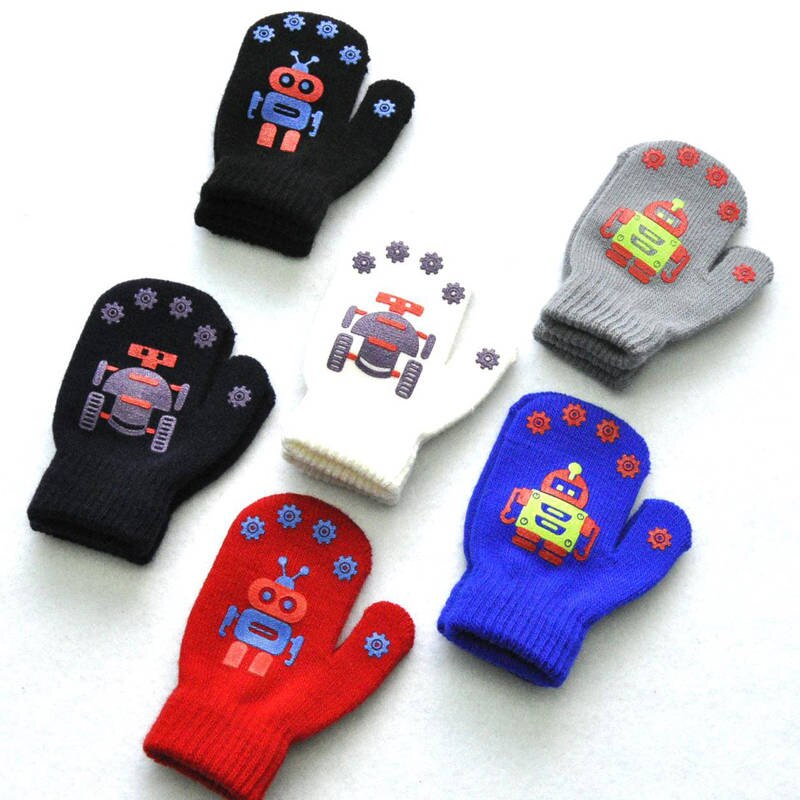 Balleenshiny Kinderen Winter Warm Koud Baby Handschoenen Schattige Kleine Robot Patroon Afdrukken Antislip Gebreide Kids Handschoenen Jongen meisjes