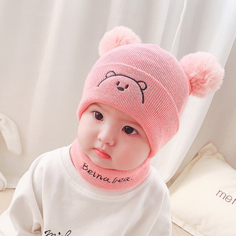 Baby winter warme mutsen 2 stuks peutermuts + twitter pompon kindermuts muts enfant gebreide schattige muts voor meisjes jongens 0-24 maanden: Roze set