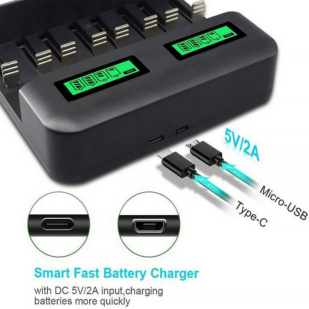 8-Slot Battery Charger Usb Powered Aa/Aaa/C/D Oplaadbare Batterij Lader Met Lcd Display