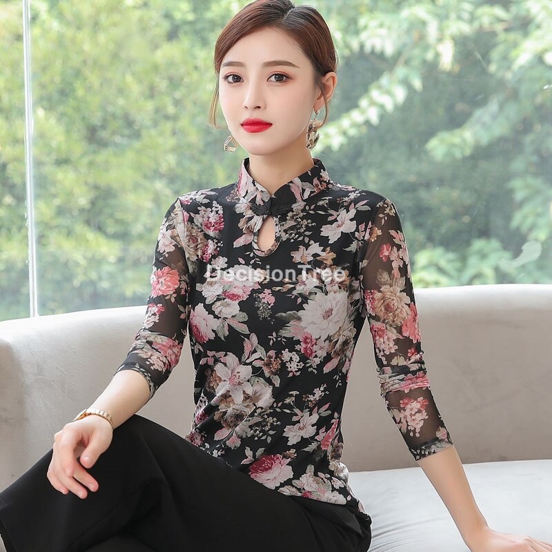 2022 satin silk china shirts cheongsam style traditional chinese clothing for women flower print qipao tops chinese qipao blouse