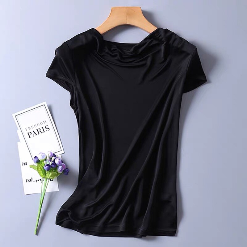 Dame #39 silke 50%  viskosestrik t-shirts s 50%  draperet halsudskæring top 8 farver m -2xl sj305: M / Sort
