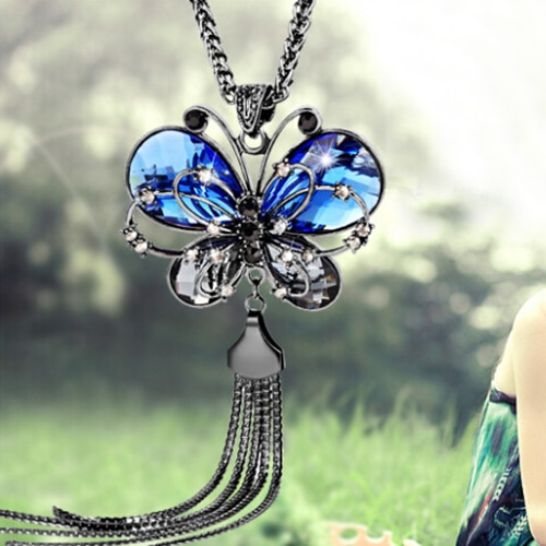 Women's Butterfly Pendant Tassels Rhinestone Long Sweater Chain Necklace Jewelry Leader' Choice