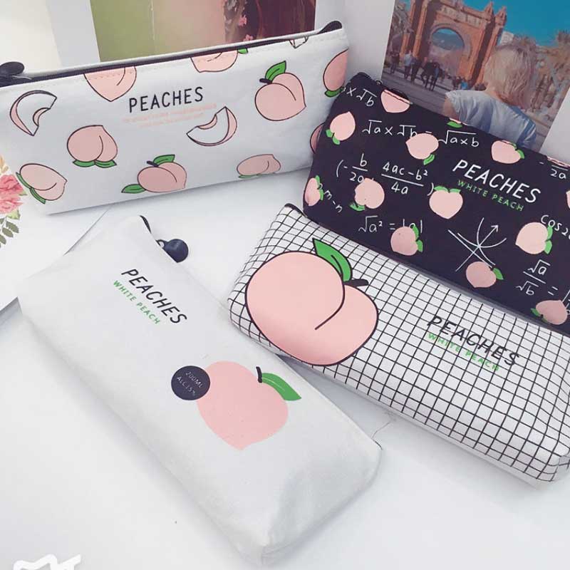 Kawaii Canvas Pencil Case Fruit Peach Pink Girls for School Pencil Box Pencilcase Pencil Bag School Supplies Stationery