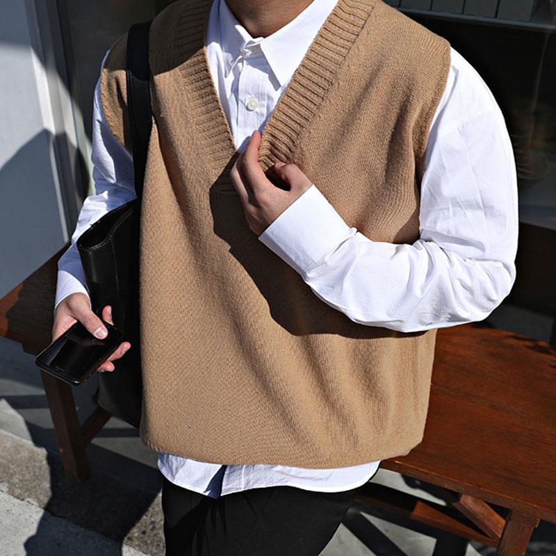 Sweater Vest Men V-neck Sleeveless Solid Simple All-match Leisure Mens Knitted Vests 2XL Oversize Chic Preppy Style Daily: apricot / L