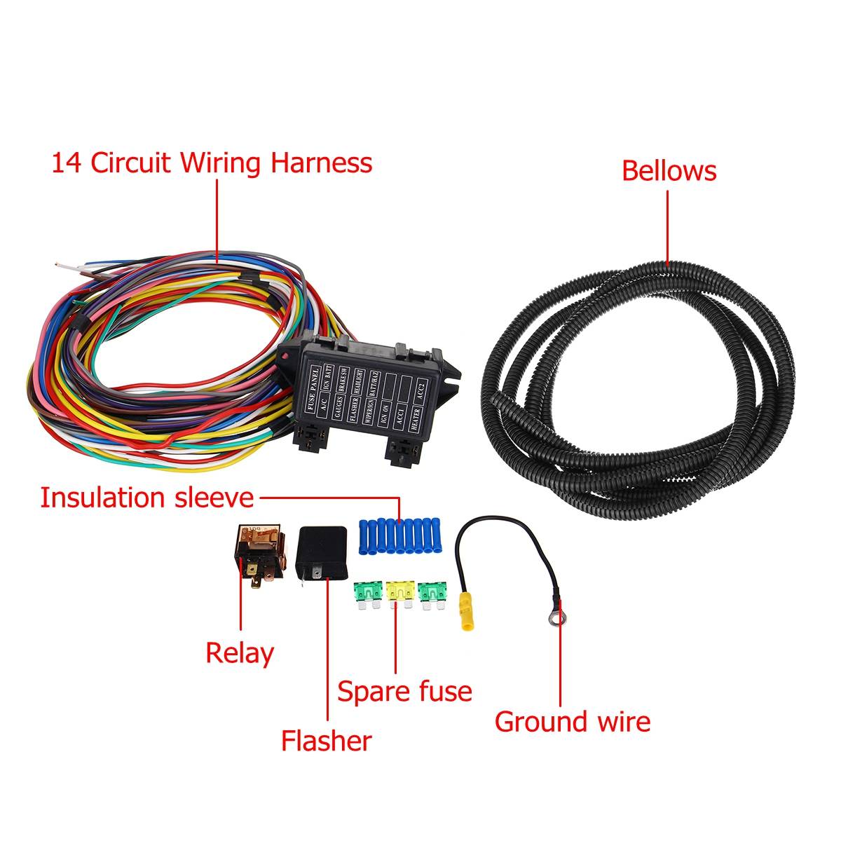 14 Circuit Universal Wiring Harness 14 Fuse 12V Muscle Car Rod Street Gauge XL Wires