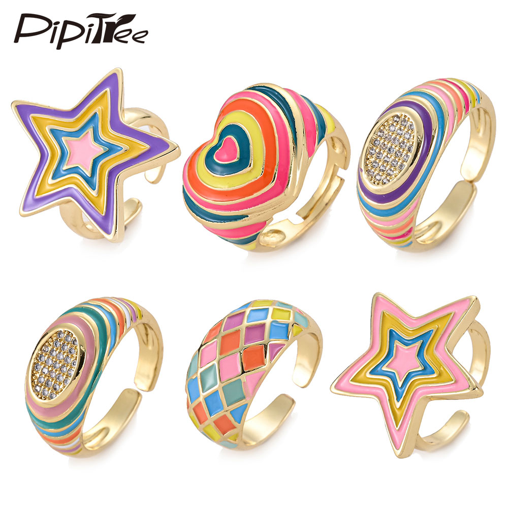 Rainbow Enamel Druipend Olie Ster Hart Ringen Voor Vrouwen Koper Goud Kleur Zirconia Punk Ringen Trendy Sieraden Verstelbare