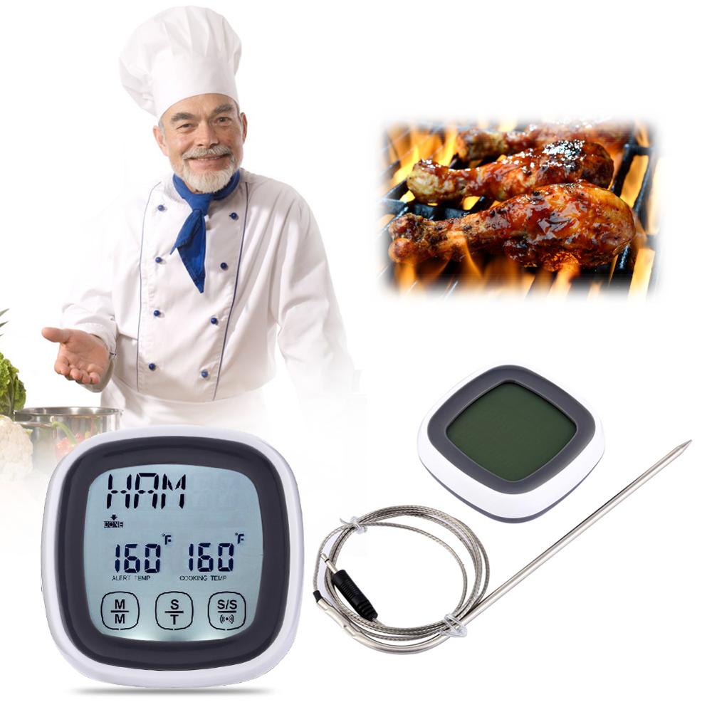BBQ Oven Touch Screen Cooking Thermometer Timer Stainless Steel Probe Digital Kitchen Meat Thermometer Countdown Time