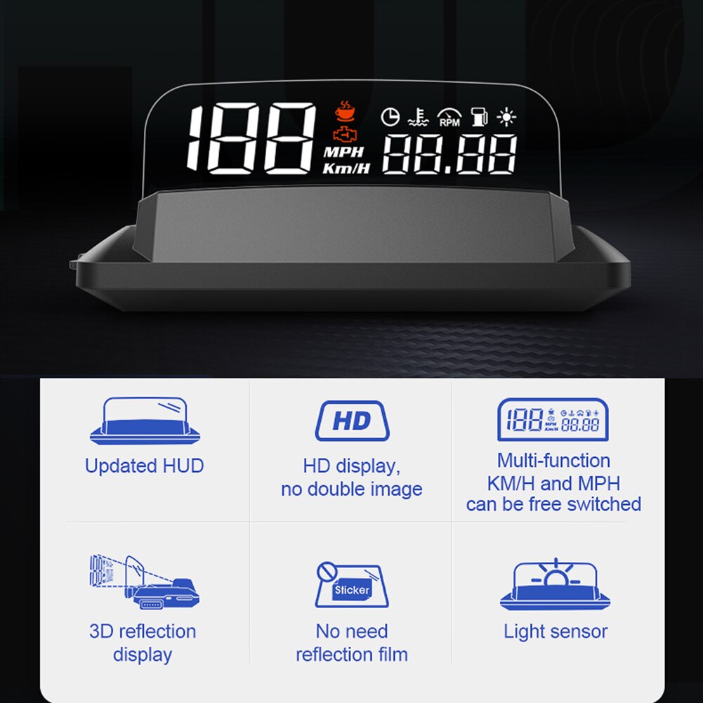 VODOOL L3 coche HUD Head Up Display OBD II velocímetro de KMH MPH velocidad proyector Temperatura de aceite de presión