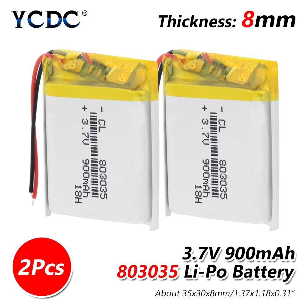 Polymère Lithium batterie 900 mah 3.7 V 803035 smart home MP3 haut-parleurs Li-ion batterie pour dvr, GPS, mp3, mp4, mp5 batterie externe, haut-parleur: 2Pcs