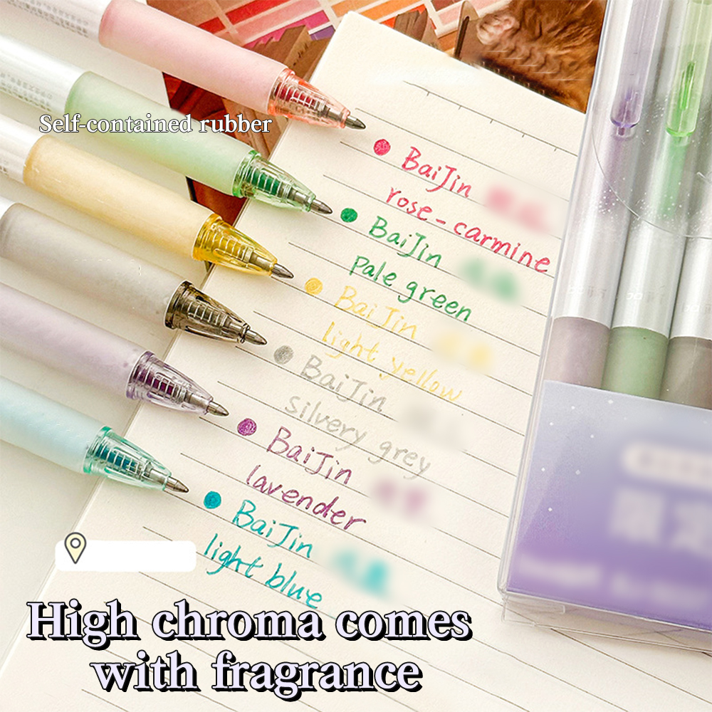 6 st/set doftande glitter och raderbara gelpennor, 0.7mm färgglada blå bläckpennor, neutrala pennor, kawaii-pennor för brevpapper, rollerballpenna för kontor