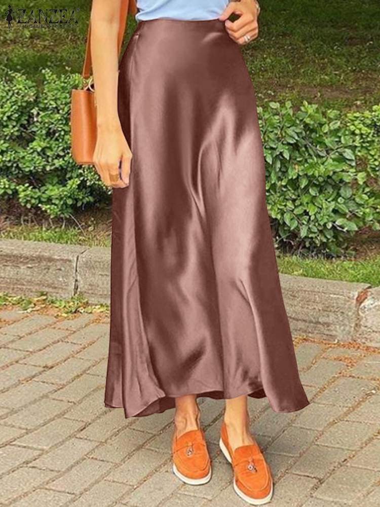 ZANZEA Woman Spring Autumn Satin Silk Skirt Work OL Back Zipper Faldas Saia Jupe Casual Party Solid Sundress 2023: S / Light Brown