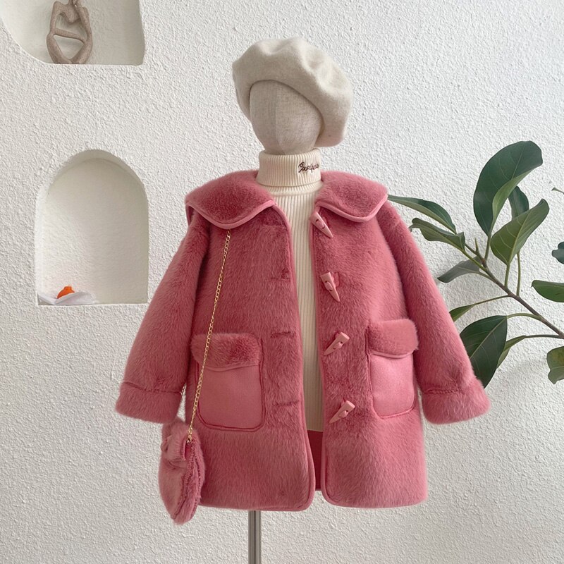 Meisjes Lange Imitatie Bontjas Kinderen Winter Dikke Jas + Bag4-11Y: mei hong se / 10T 11T