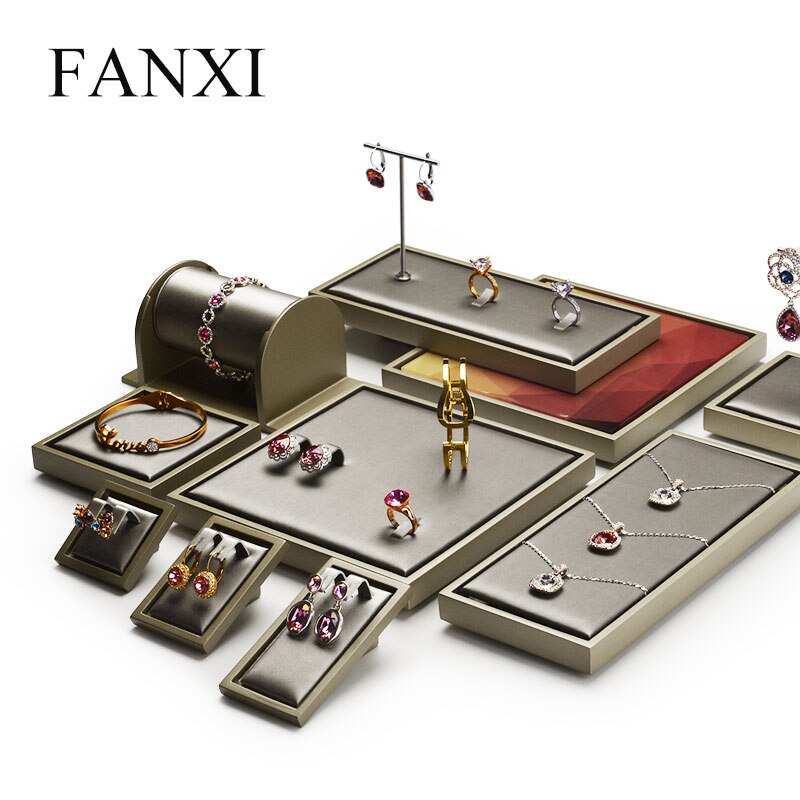 FANXI Schmuck Display Set Champagne Pinsel Leder Ring Ohrring Anhänger Halskette Ständer Schmuck Organzier