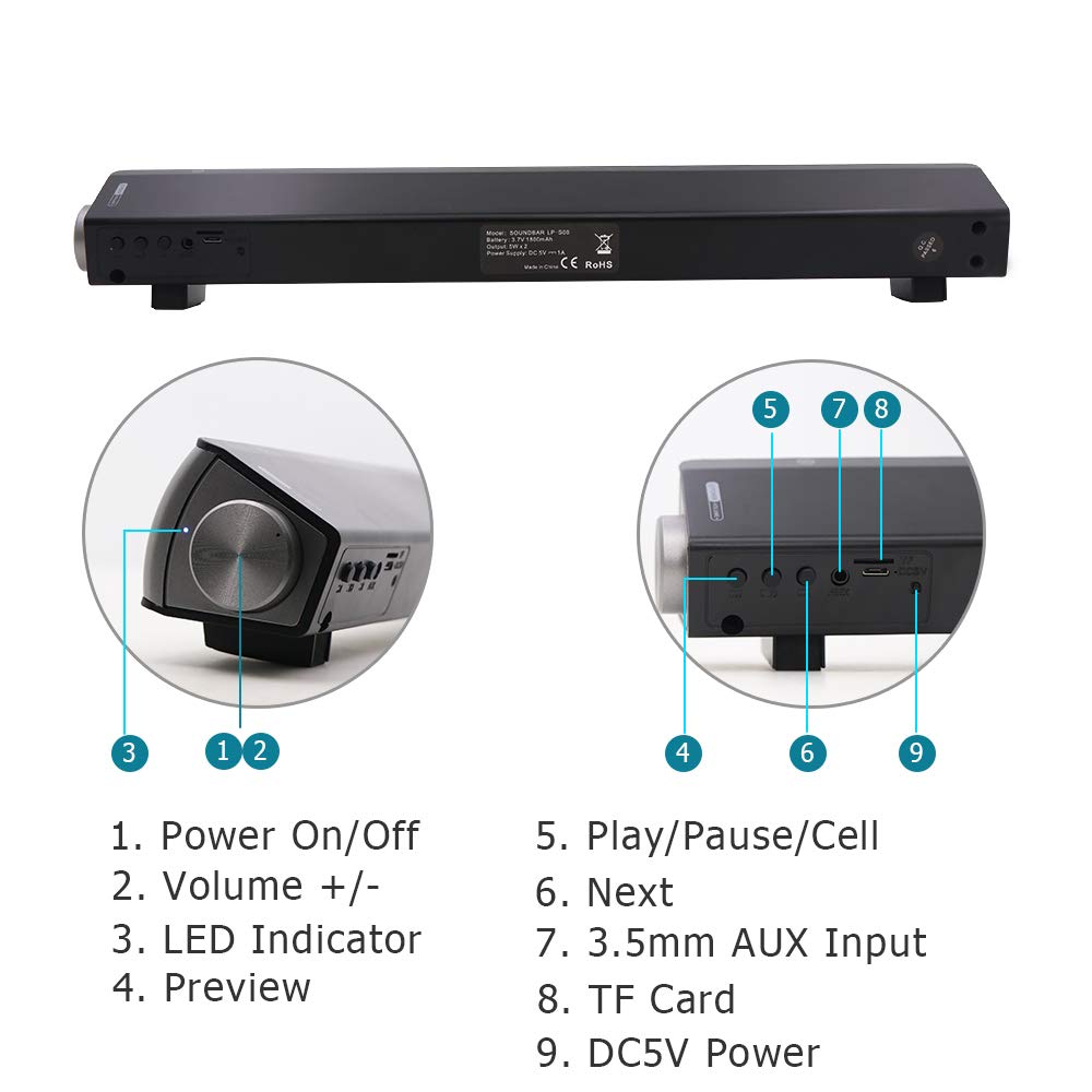 YOUXIU Portable Wireless SoundBar Bluetooth Speaker Home Theater TV System with Remote Control Wired 3D Surround Mini Sound Bar