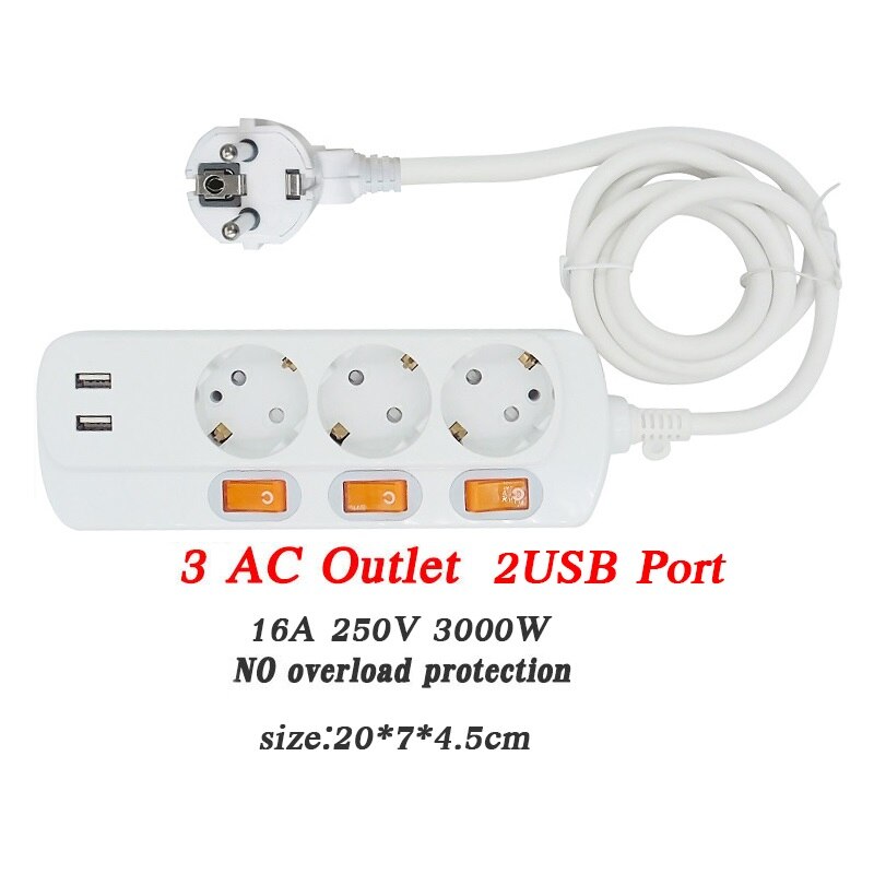 Hight Extension Cord Socket EU Plug Socket Separate Switch Control Power Strip with 2USB Charger Socket: EU PLUG L1.5M / 3AC 2USB