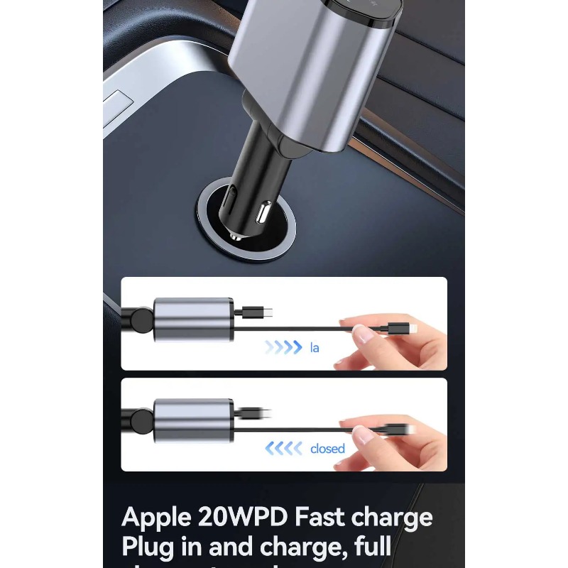 Intrekbare Autolader, 4 In 1 Snelladende Autolader 120W, Intrekbare Kabel En 2 Usb-Poorten Autolader Adapter Compatibel