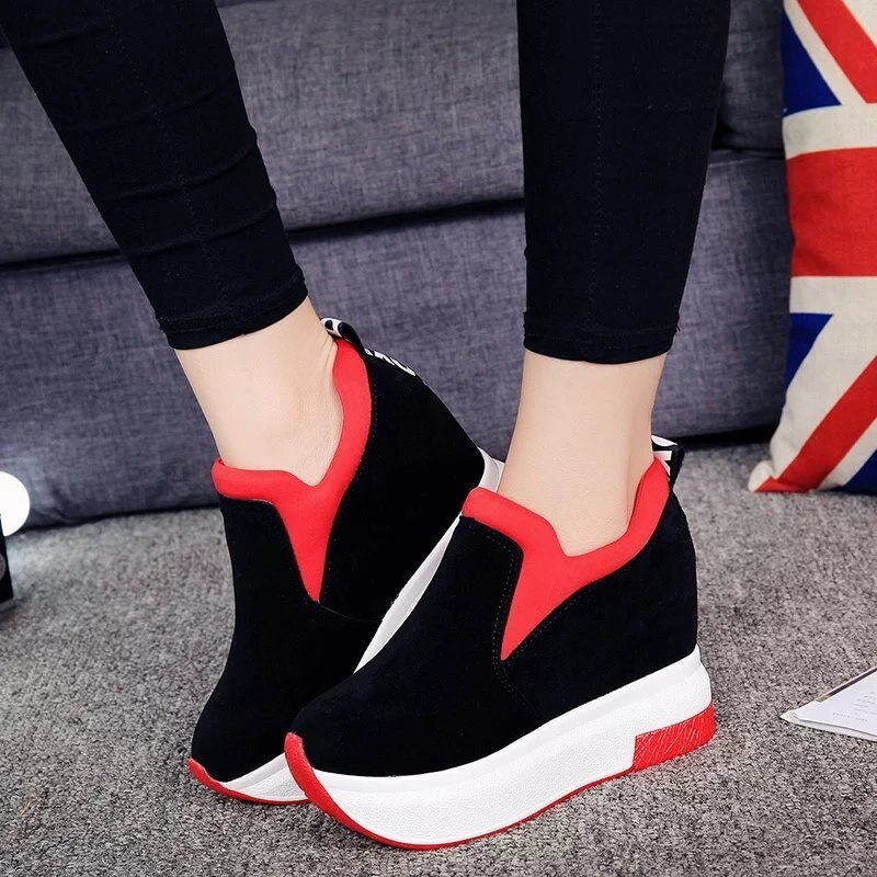 Women Wedge Platform Shoes High Heel sneakers Casual Red Breathable Height Increaseing Canvas Shoes Woman Sneakers: red / 5
