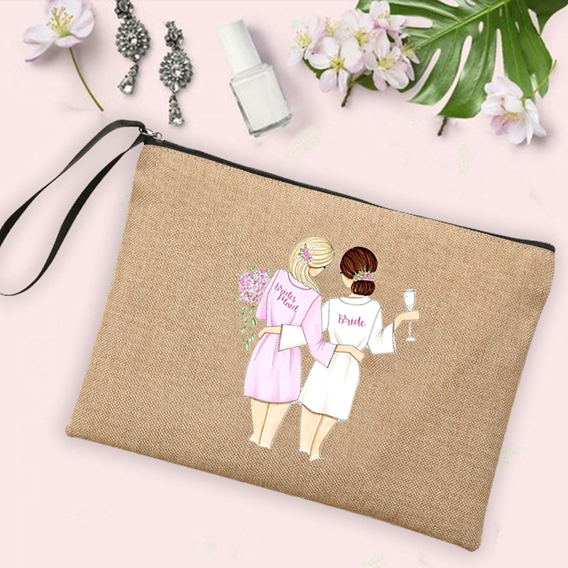 Team Bride Print Cosmetic Bags Bachelorette Party Neceser Makeup Bag Linen Pouch Travel Toiletry Organizer Bridal Shower: Q08305-A012BR-S