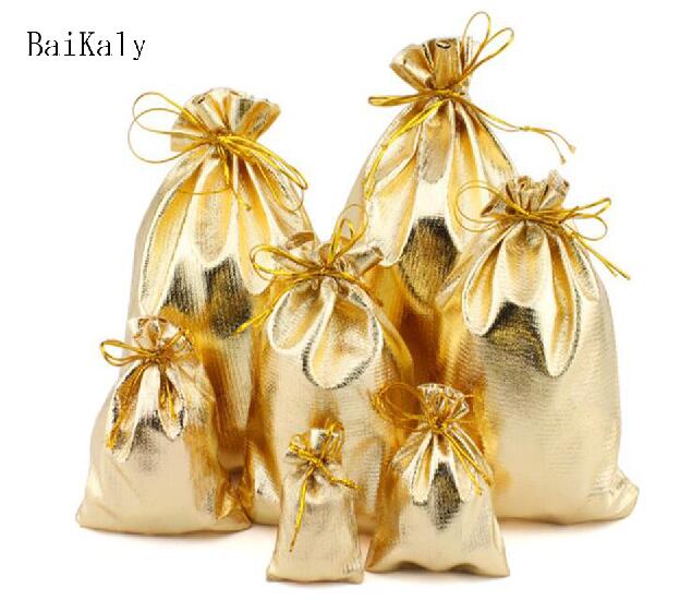 50pcs/lot 11x16 13x18 15x20 17x23cm Golden/Silver Color Drawstring Organza bag Christmas Wedding Jewelry Packaging bags