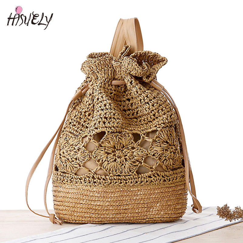 Bolso de paja de ganchillo para mujer, mochila de punto de vides para playa, bolsas con cordón, mochila de viaje, Bohemia