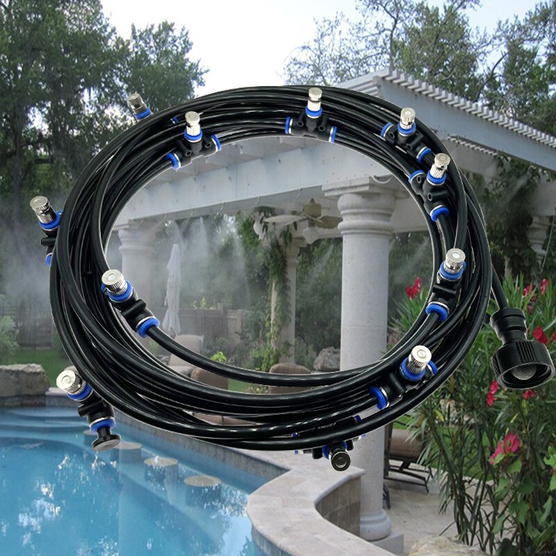 Sistema de enfriamiento por nebulización de Patio, Kits de riego de jardín, pulverizador de 6m-18m, presión de grifo de agua de 4-5bar
