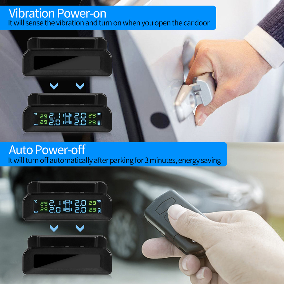 Visture Solar TPMS Monitor de alarma de presión de neumáticos, sistema de presión de neumáticos, Monitor de presión de neumáticos, Sensor interno externo Q01W Q01N S05N