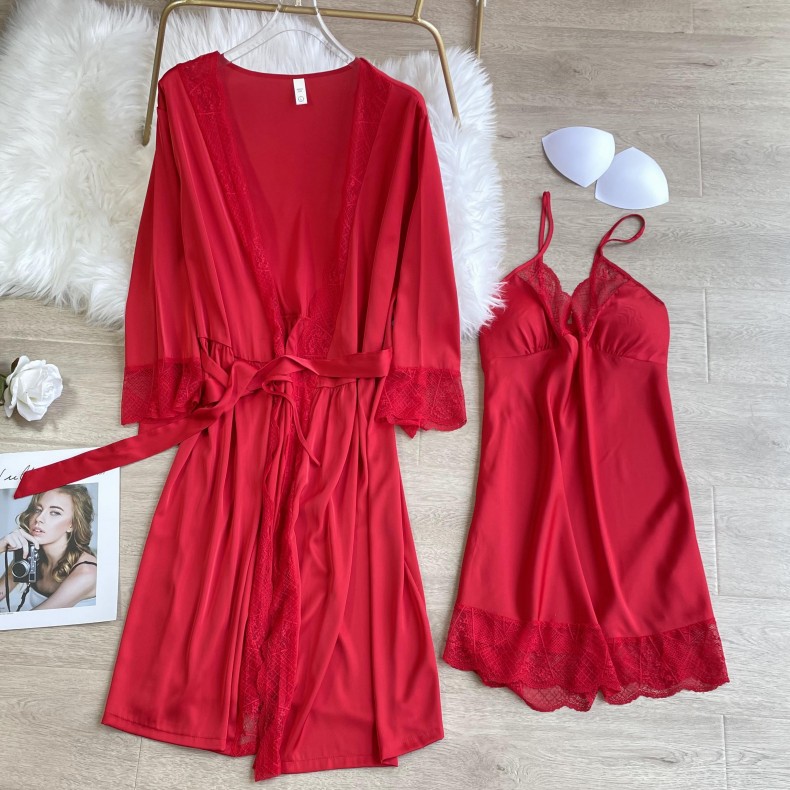 Bata roja de seda sintética para mujer, ropa de dormir de encaje dulce, camisón Sexy con cuello en V, vestido de primavera y otoño para el hogar