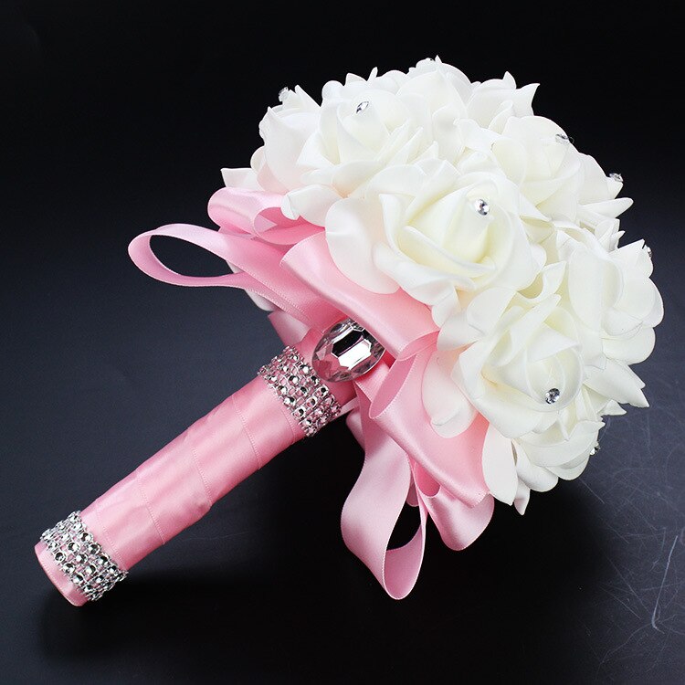 2022 Handmade Tiffany blue Bridal Bridesmaid Flower Wedding Bouquet Artificial Rose Ribbon Crystal Bouquets de noiva Beau: Pink