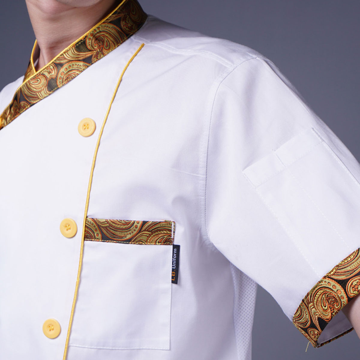 Chef Jacket Men Chef Coat Flower Print Collar Short Sleeve Chef Uniform Double Breasted Restaurant Kitchen Working Jacket