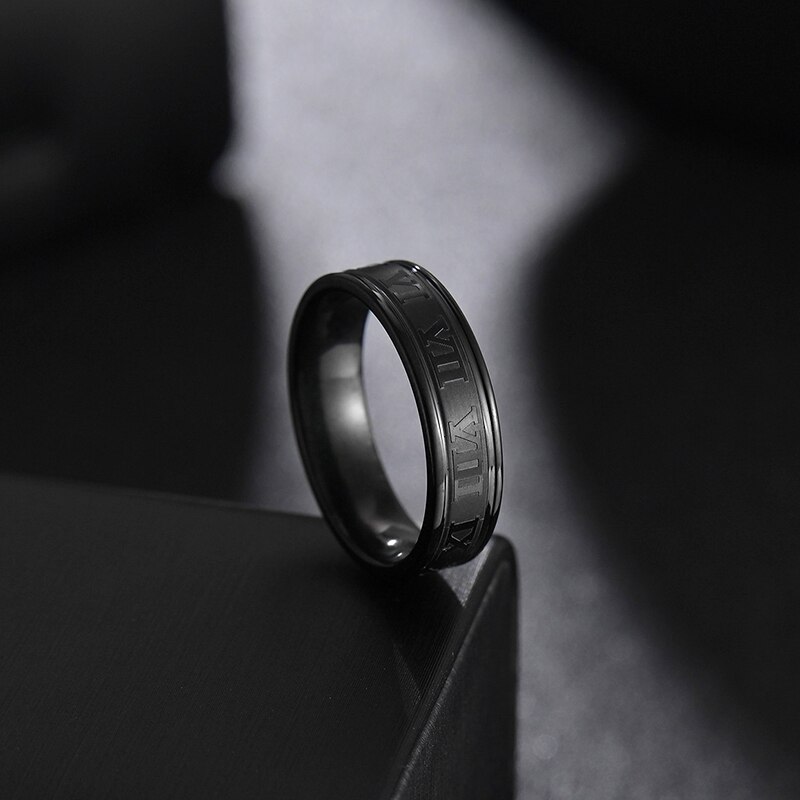 Letdiffery 6mm Punk Roman Numerals Rings Stainless Steel Women Men Jewelry For Party Size 5-13: 9 / Black