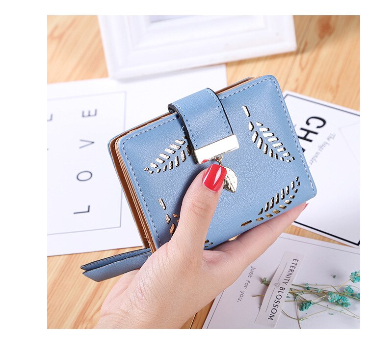 Women Wallet PU Leather Purse Female Long Wallet Gold Hollow Leaves Pouch Handbag For Women Coin Purse Card Holders Clutch: Blue-2