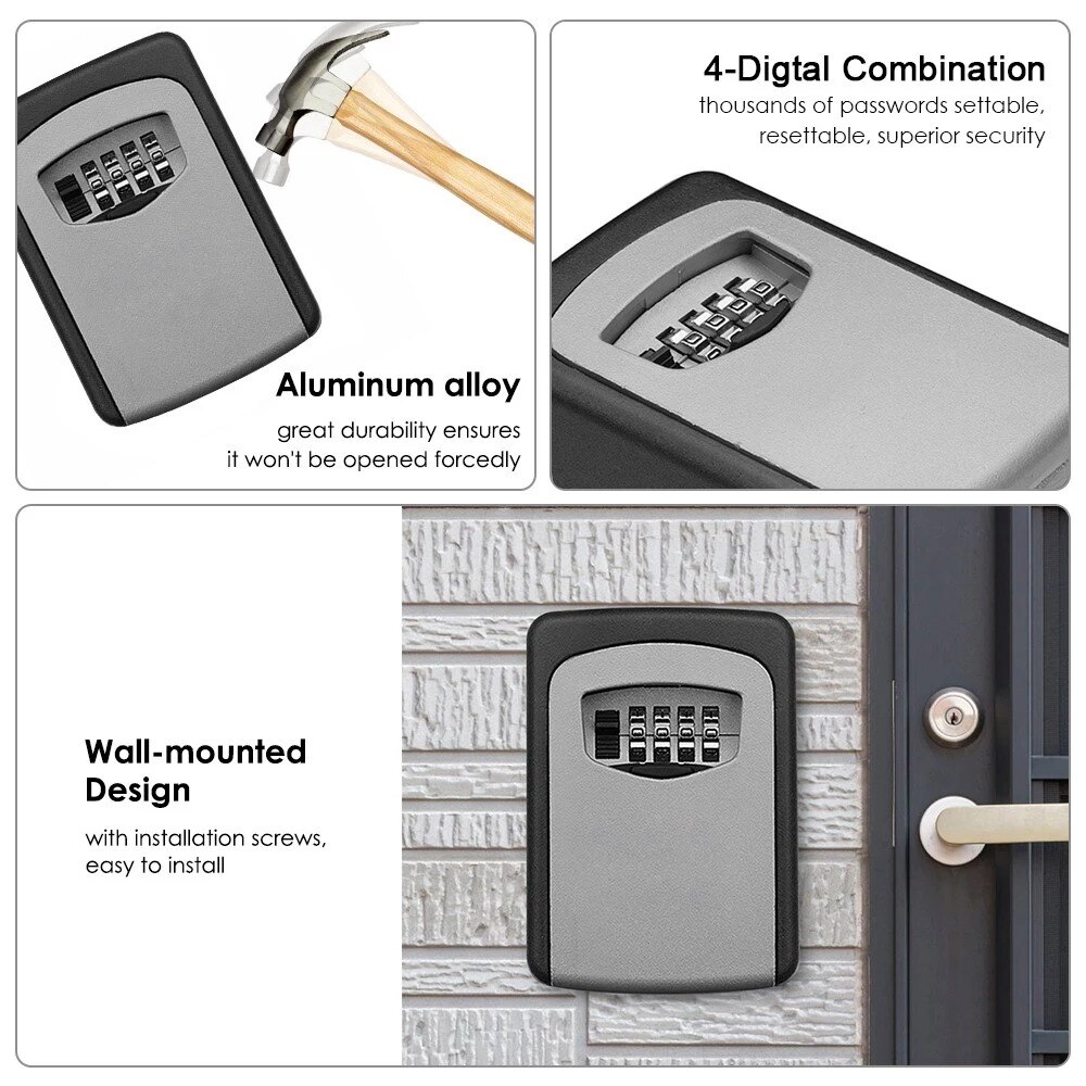Wall Mounted Key Safe Box Aluminum Alloy Key Storage Box 4-Digit Combination Password Box for Indoor Outdoor Use