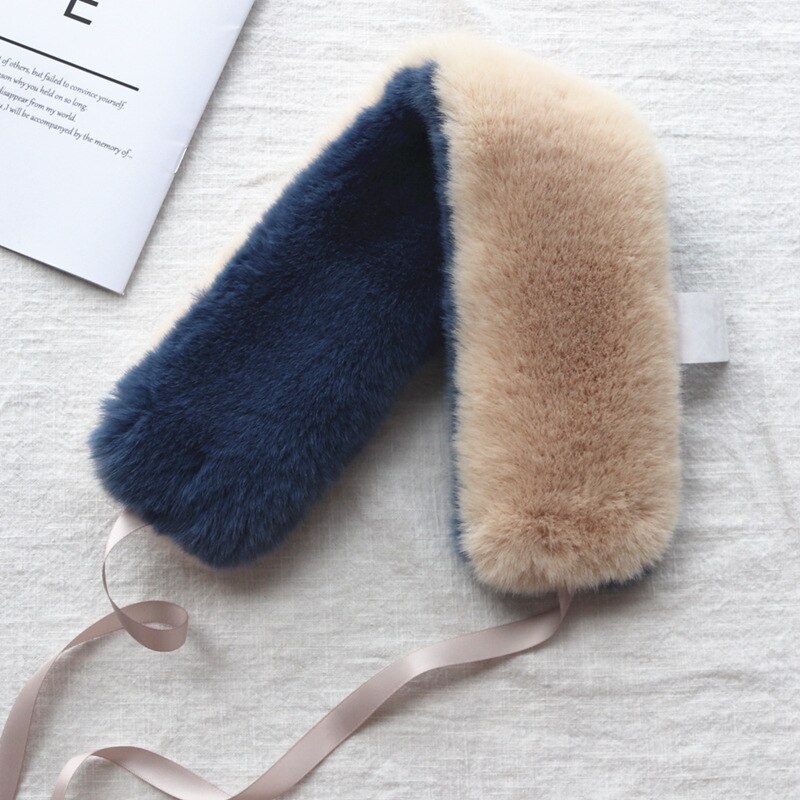 Kraag dames warme dikke effen neckerchief herbruikbare sjaals wintersjaals imitatie konijnenbont sjaal dames: Beige-donkerblauw