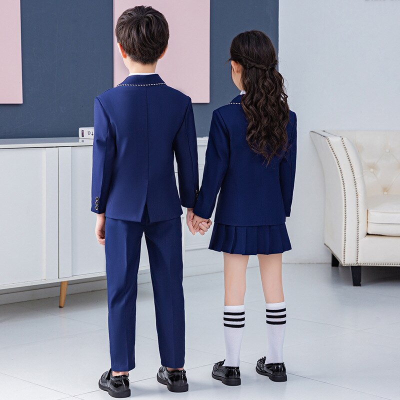 Boys School Uniform Girls Navy Jacket Skirt Shirt Tie Suits Kids Formal Dress Tuxedo Clothes Sets Students Outfits Child Costume
