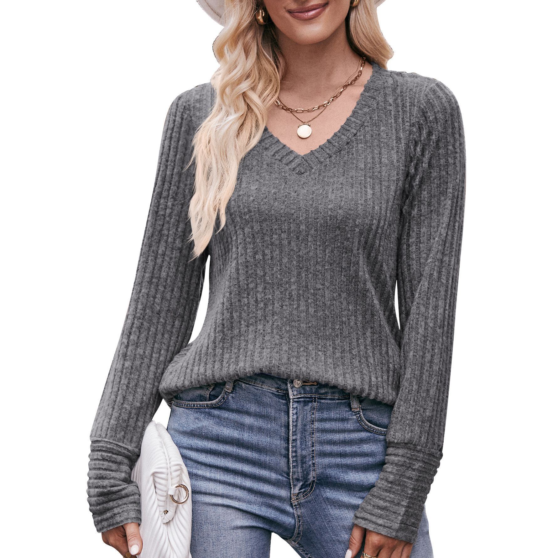 Herfst Winter Losse Casual V-Hals Pullover T-Shirts Dames Mode Eenvoudige Lange Mouw Onderkant Top Vrouwen T-Shirt Dames Kleding: L / Donkergrijs
